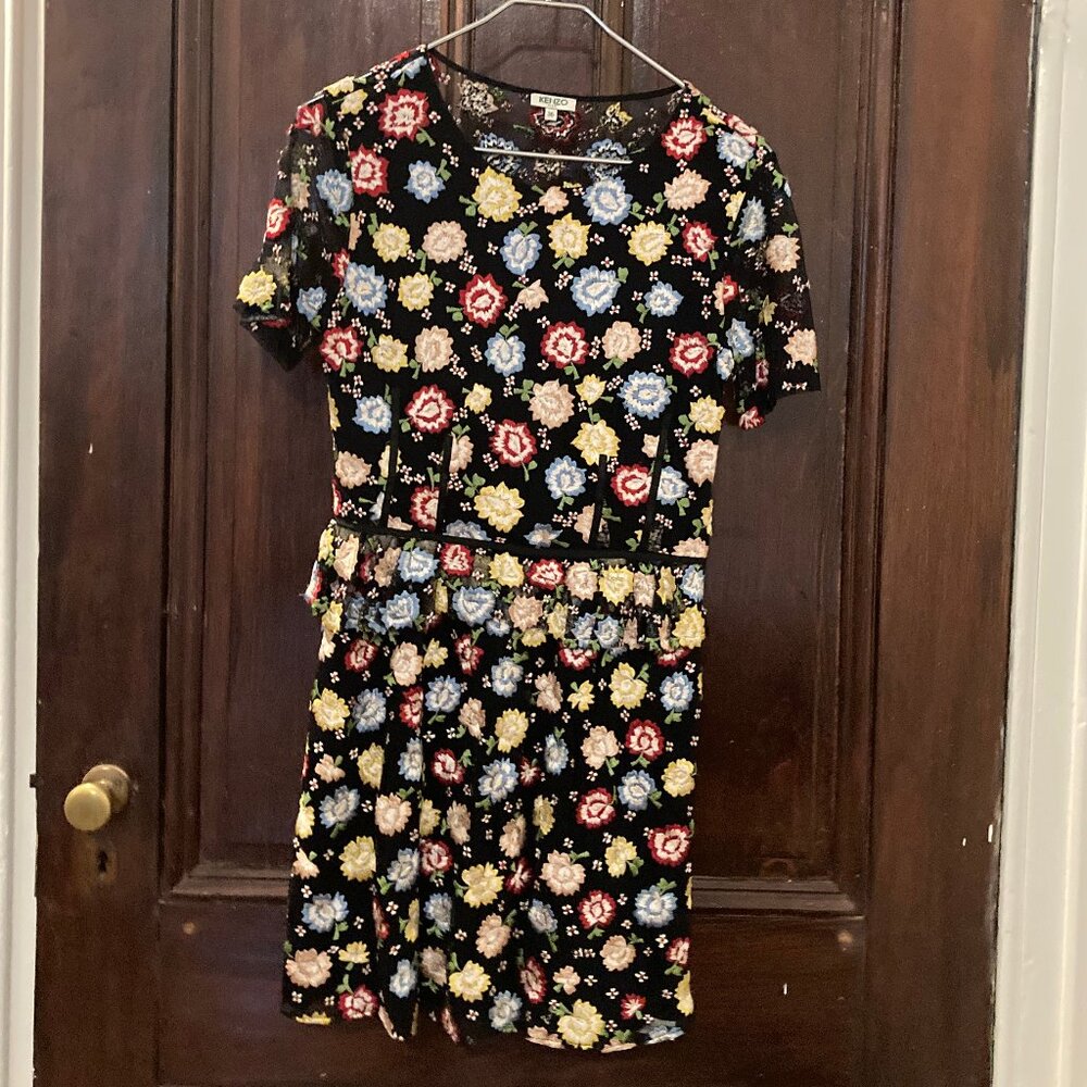 Kenzo Paris sheer silk floral mini dress black sz 4